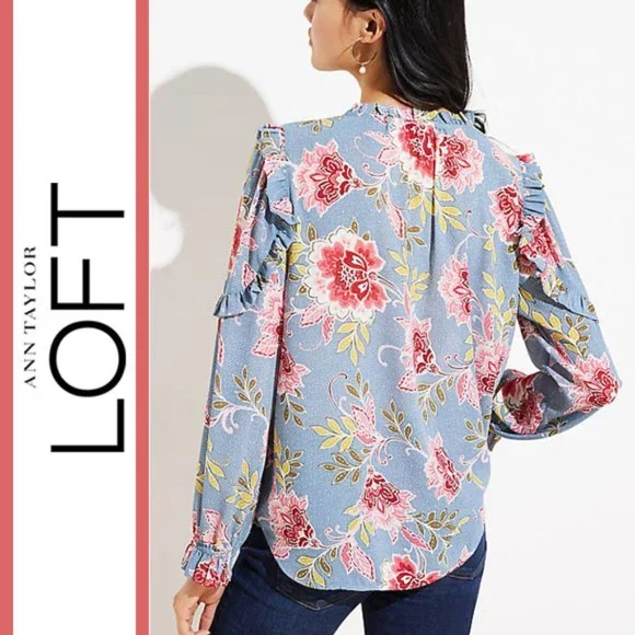 Loft | 'Garden Floral' Ruffle Sleeve Tie-Neck Blouse - Picture 7 of 7